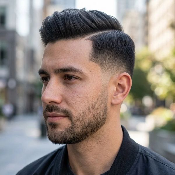 Low Taper Fade Side Part with Hard Part