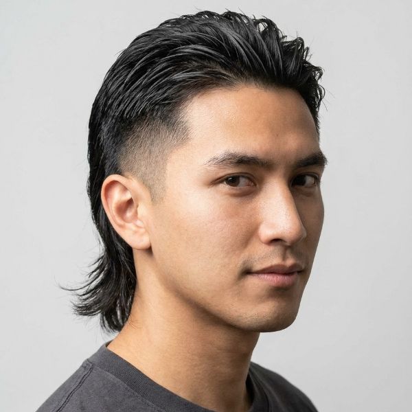 Straight Hair Low Taper Fade Modern Mullet Haircut
