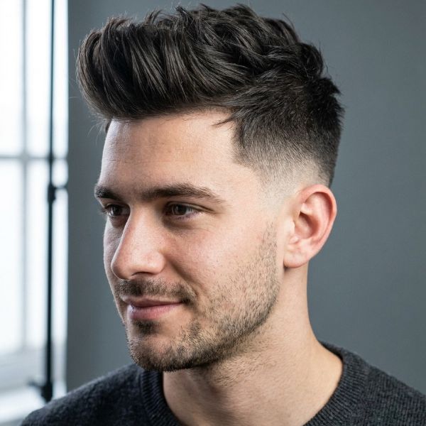 Textured Low Taper Fade Quiff Haircut